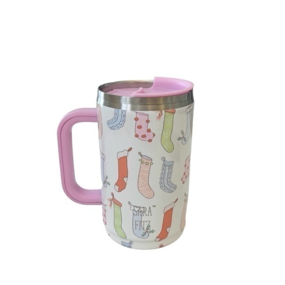 Sara Fitz Holiday Christmas Sock Print Pink Coffee‎ Tea Travel Mug Tumbler